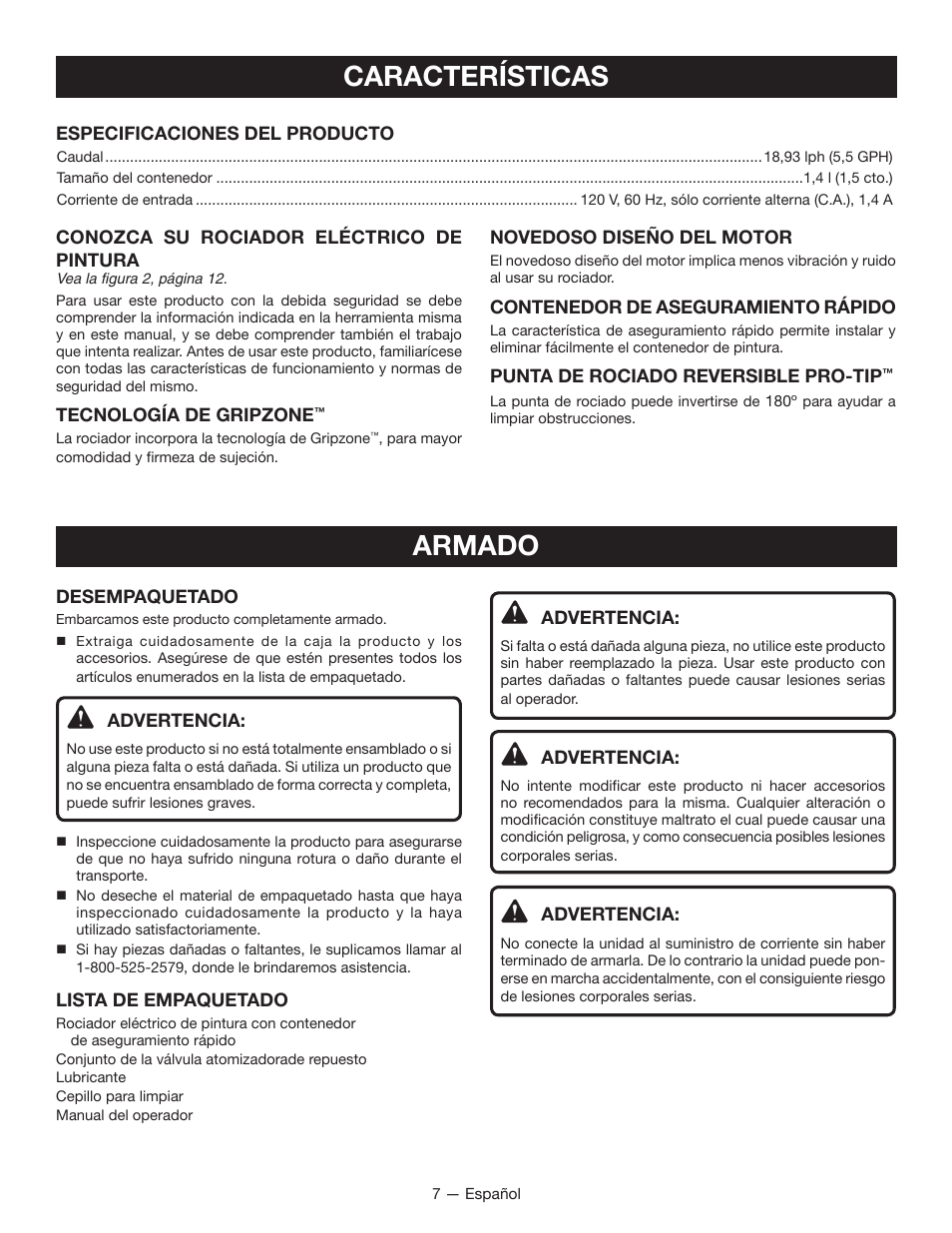 Características, Armado | Ryobi SSP300 User Manual | Page 28 / 36