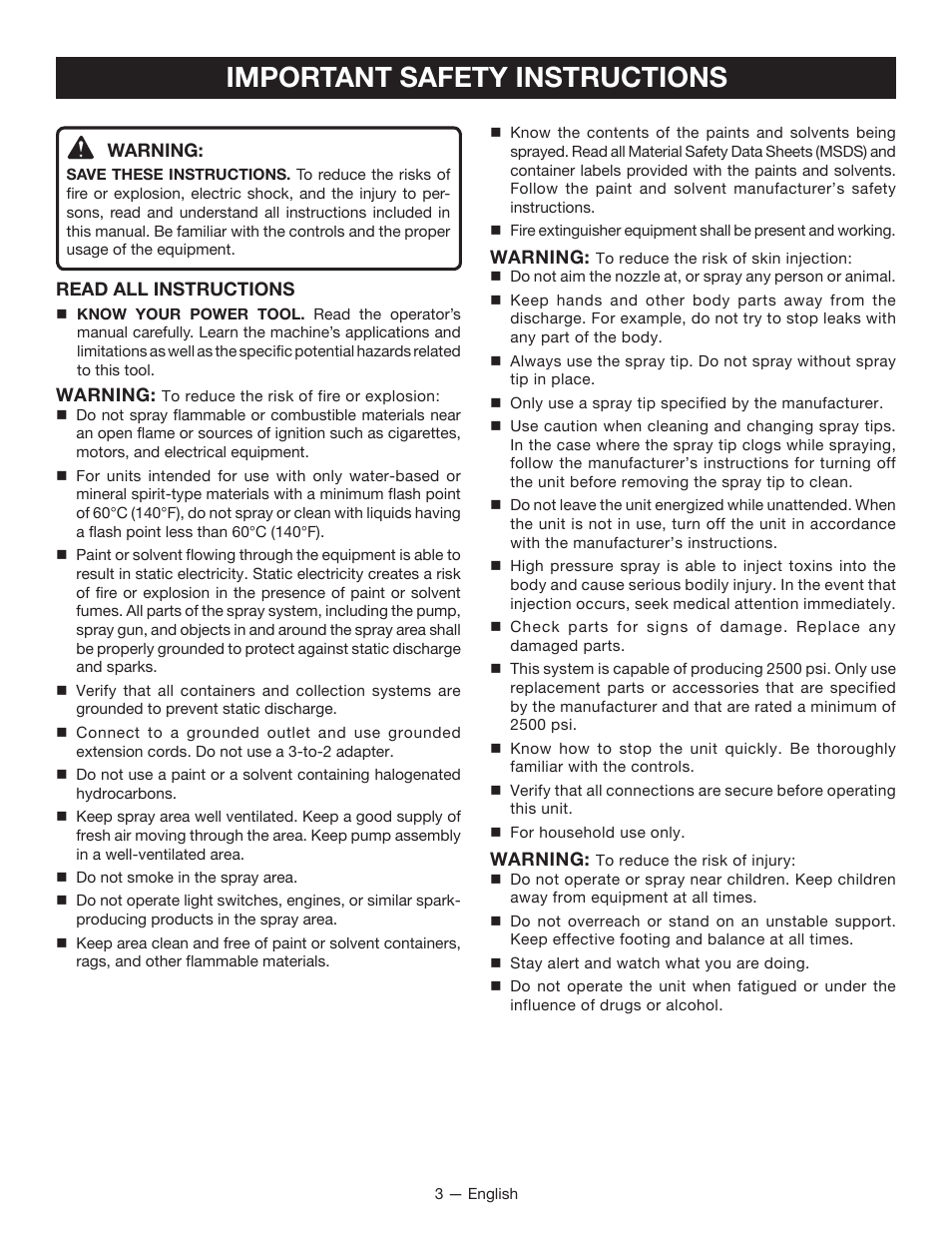 Important safety instructions | Ryobi SSP300 User Manual | Page 3 / 36