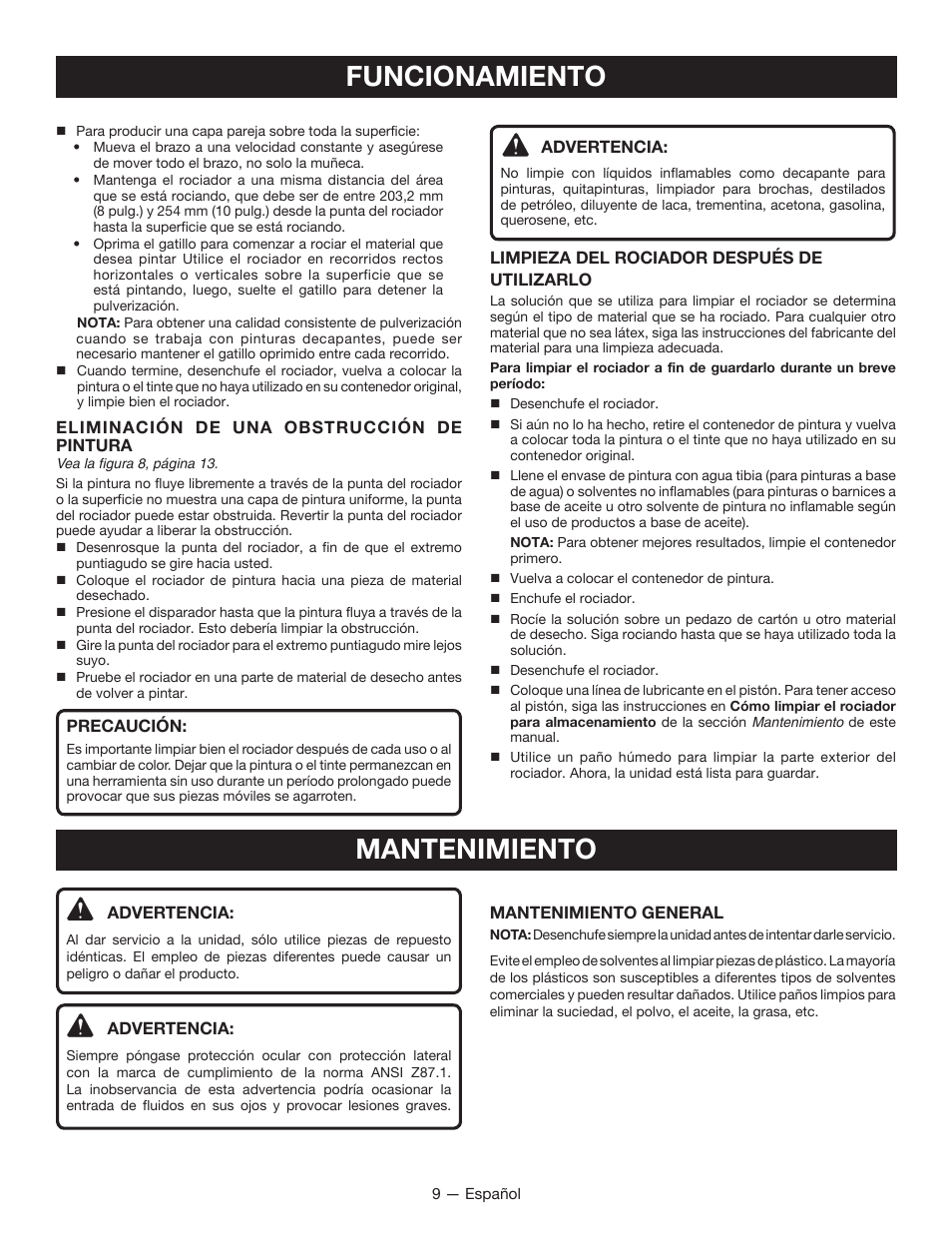 Funcionamiento, Mantenimiento | Ryobi SSP300 User Manual | Page 30 / 36