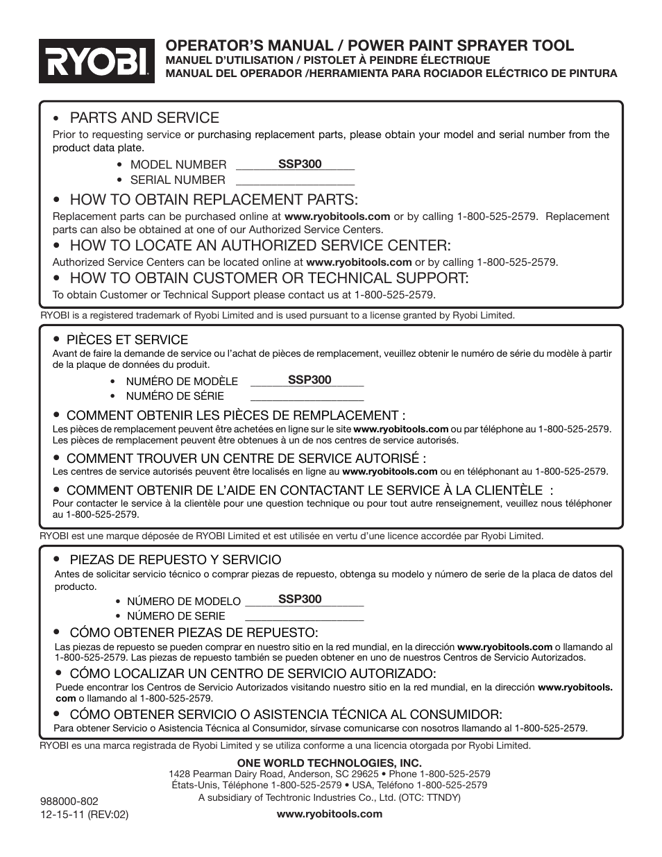 Parts and service, How to obtain replacement parts, How to locate an authorized service center | How to obtain customer or technical support, Operator’s manual / power paint sprayer tool | Ryobi SSP300 User Manual | Page 36 / 36