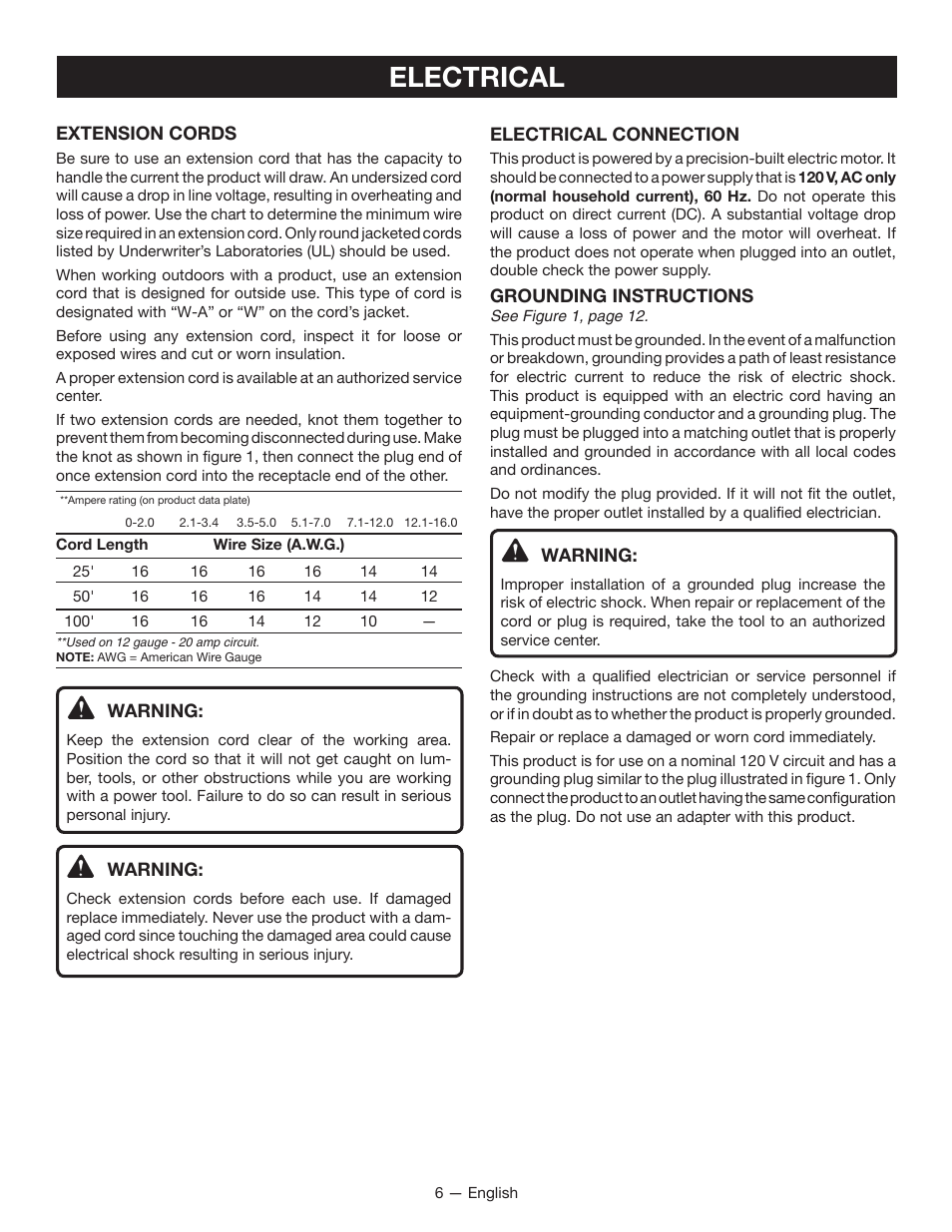 Electrical | Ryobi SSP300 User Manual | Page 6 / 36