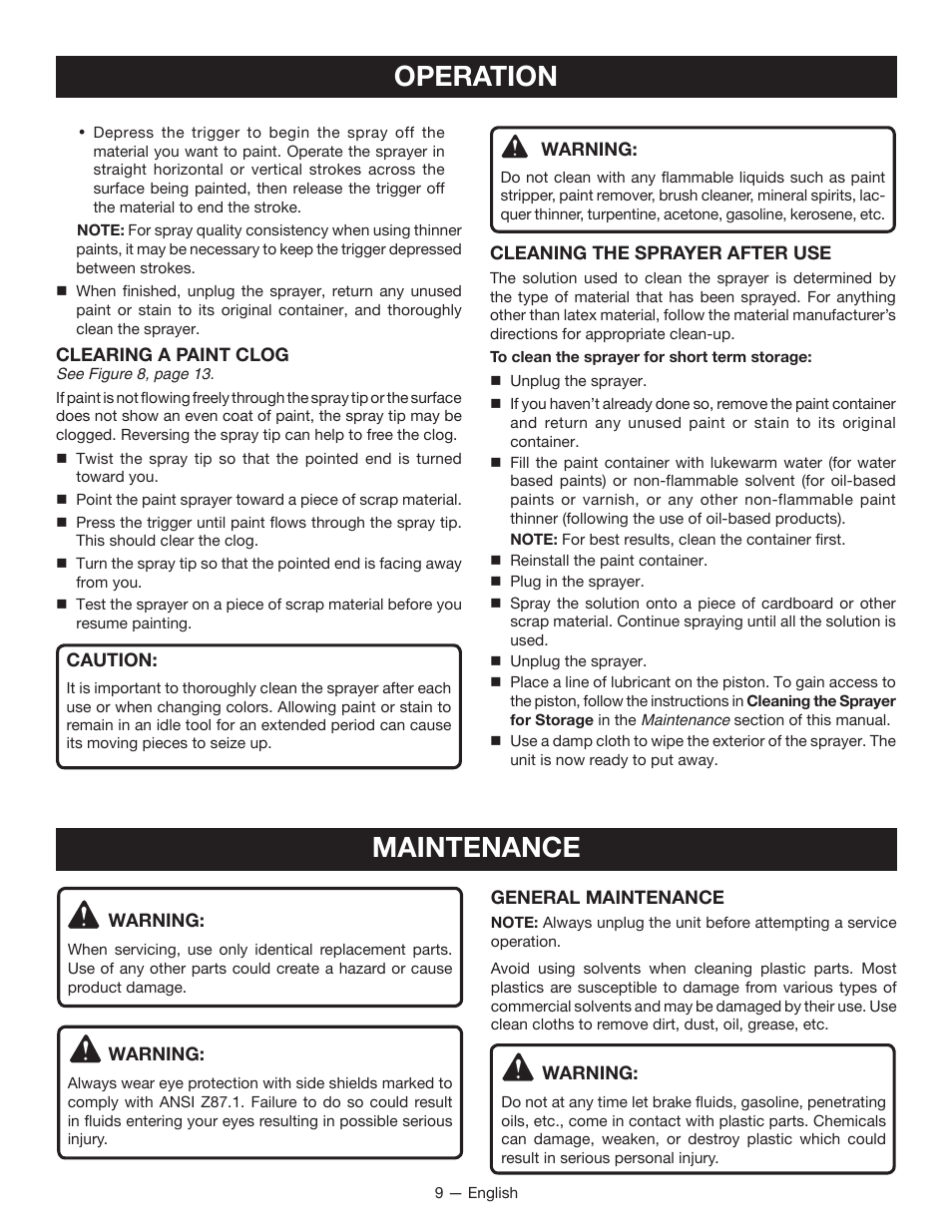 Operation, Maintenance | Ryobi SSP300 User Manual | Page 9 / 36