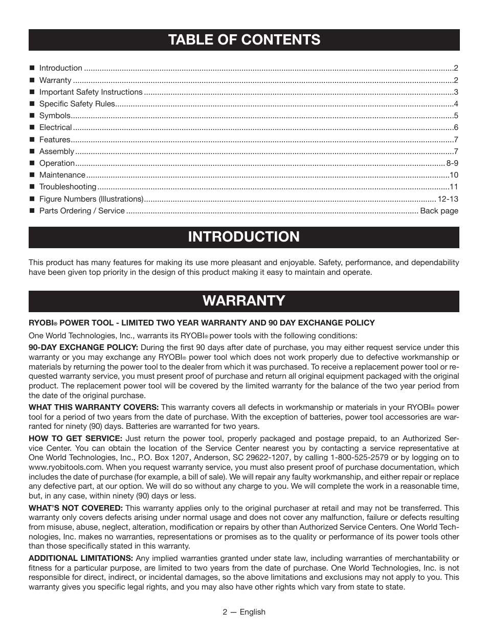 Table of contents introduction, Warranty | Ryobi SSP0501 User Manual | Page 2 / 36