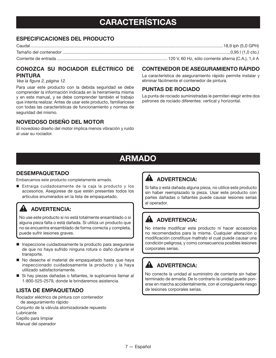 Características, Armado | Ryobi SSP0501 User Manual | Page 28 / 36