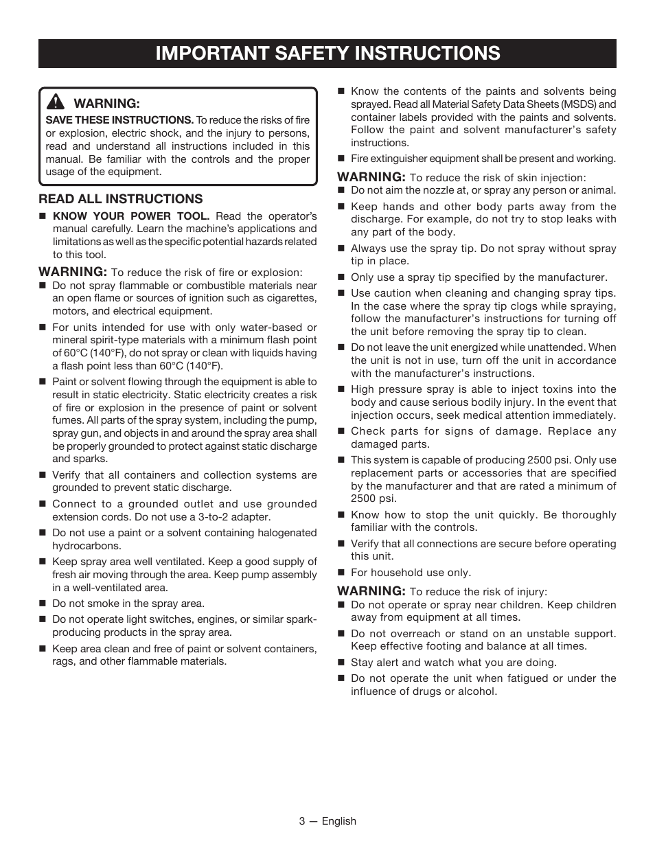 Important safety instructions | Ryobi SSP0501 User Manual | Page 3 / 36