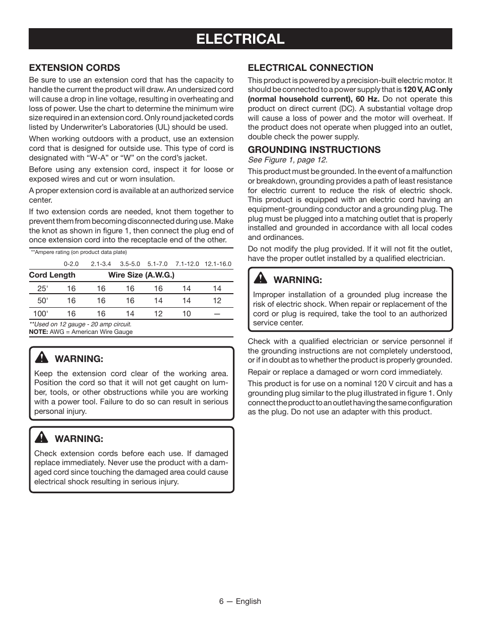 Electrical | Ryobi SSP0501 User Manual | Page 6 / 36