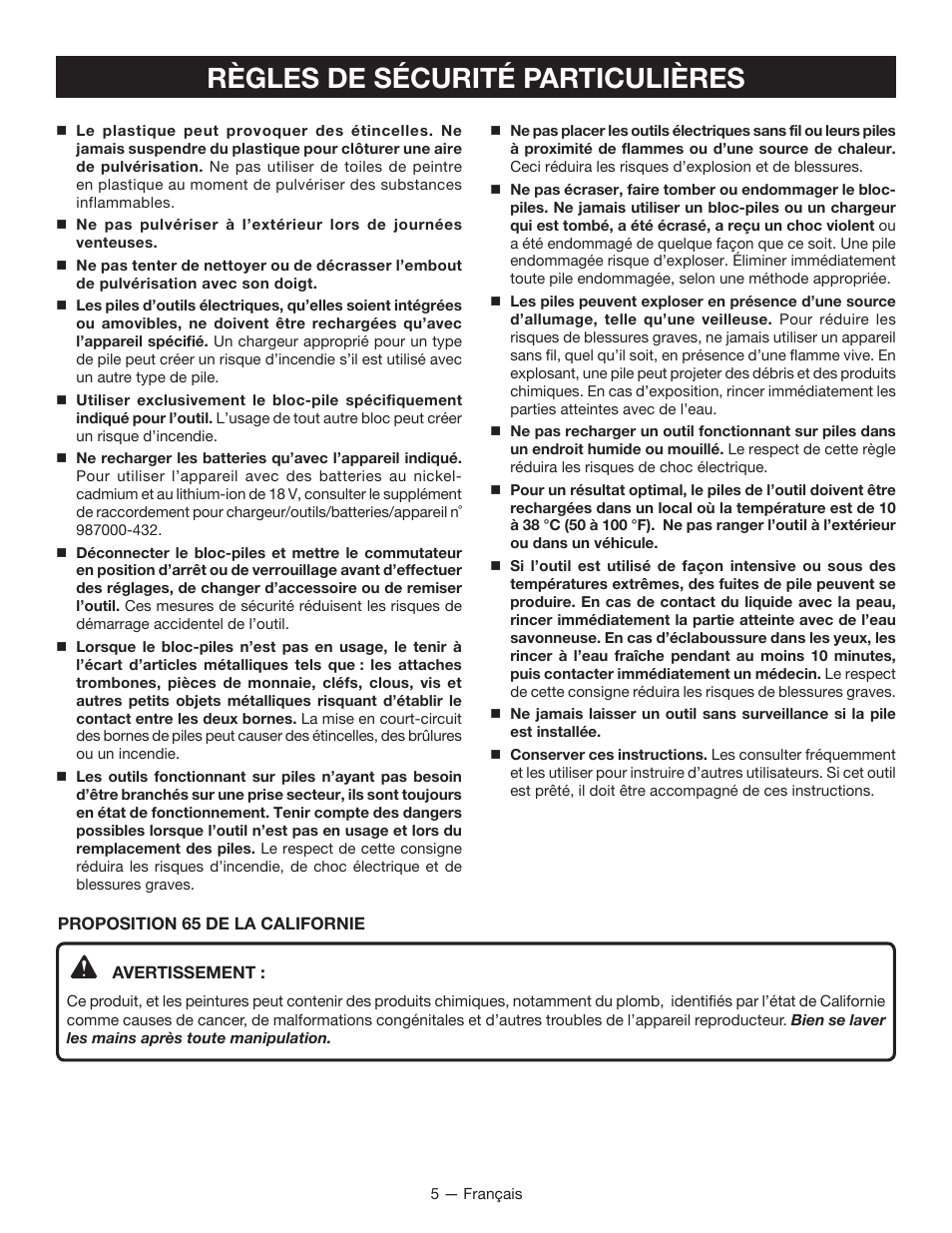 Règles de sécurité particulières | Ryobi P650 User Manual | Page 15 / 36