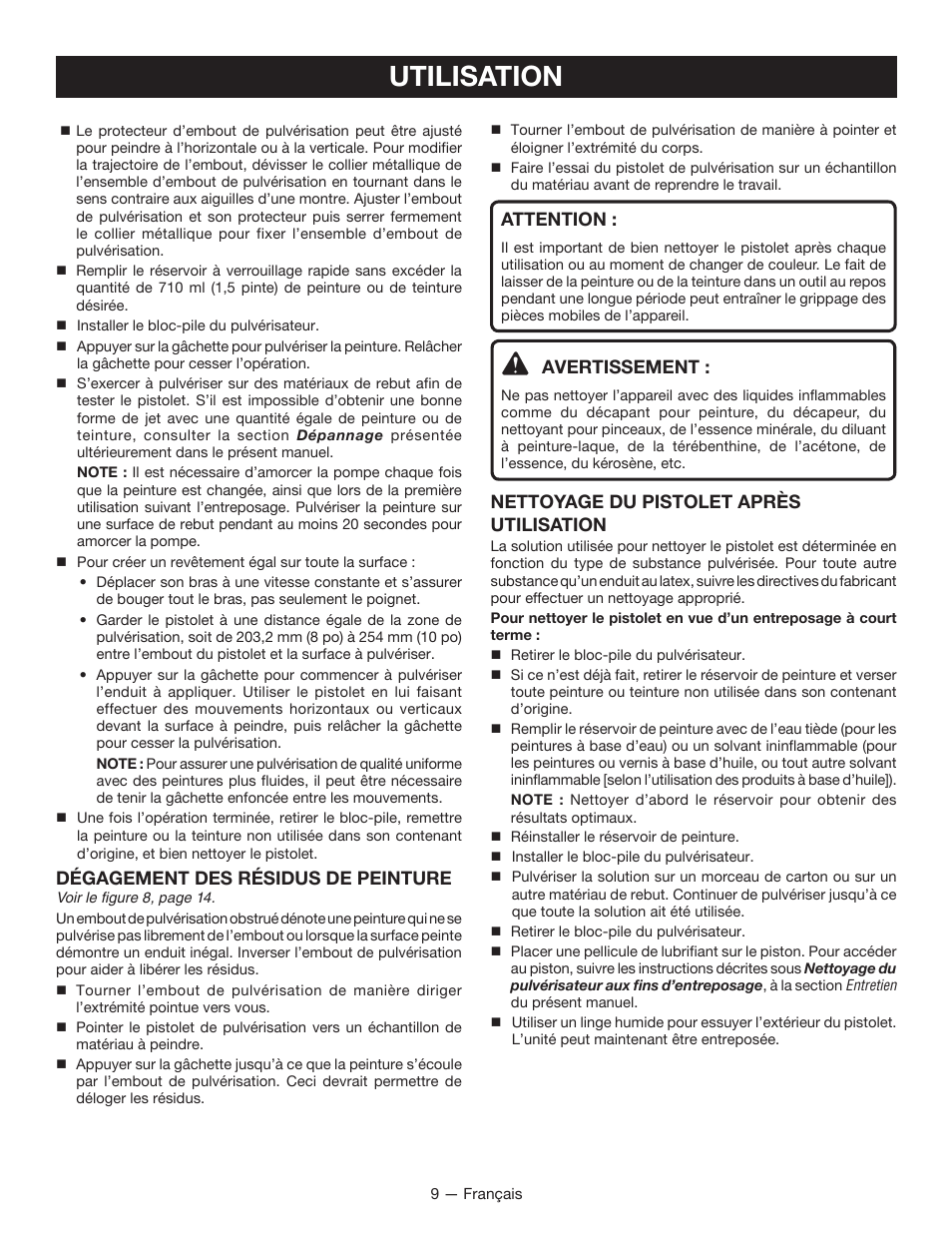 Utilisation, Dégagement des résidus de peinture, Attention | Avertissement, Nettoyage du pistolet après utilisation | Ryobi P650 User Manual | Page 19 / 36