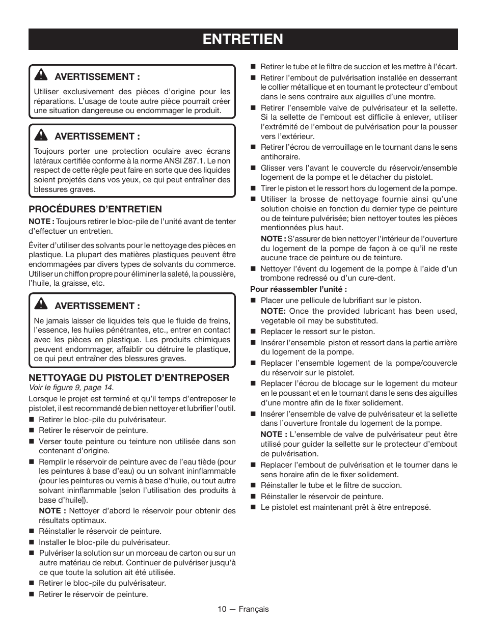 Entretien | Ryobi P650 User Manual | Page 20 / 36