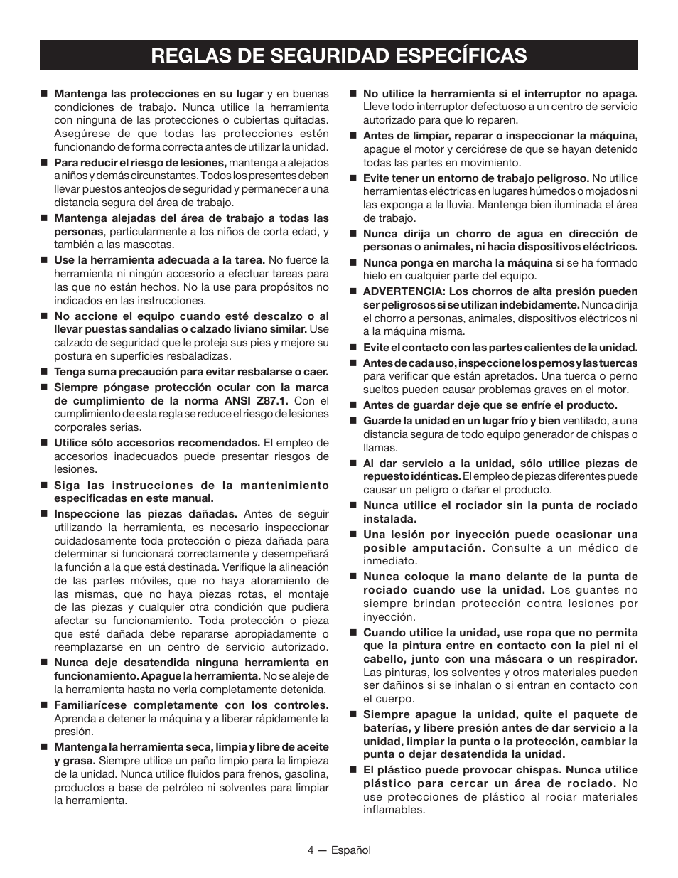 Reglas de seguridad específicas | Ryobi P650 User Manual | Page 25 / 36