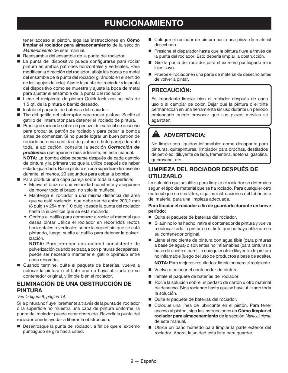 Funcionamiento, Eliminación de una obstrucción de pintura, Precaución | Advertencia, Limpieza del rociador después de utilizarlo | Ryobi P650 User Manual | Page 30 / 36