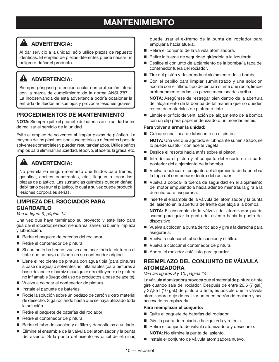Mantenimiento, Reemplazo del conjunto de válvula atomizadora, Advertencia | Procedimientos de mantenimiento, Limpieza del r3ociador para guardarlo | Ryobi P650 User Manual | Page 31 / 36