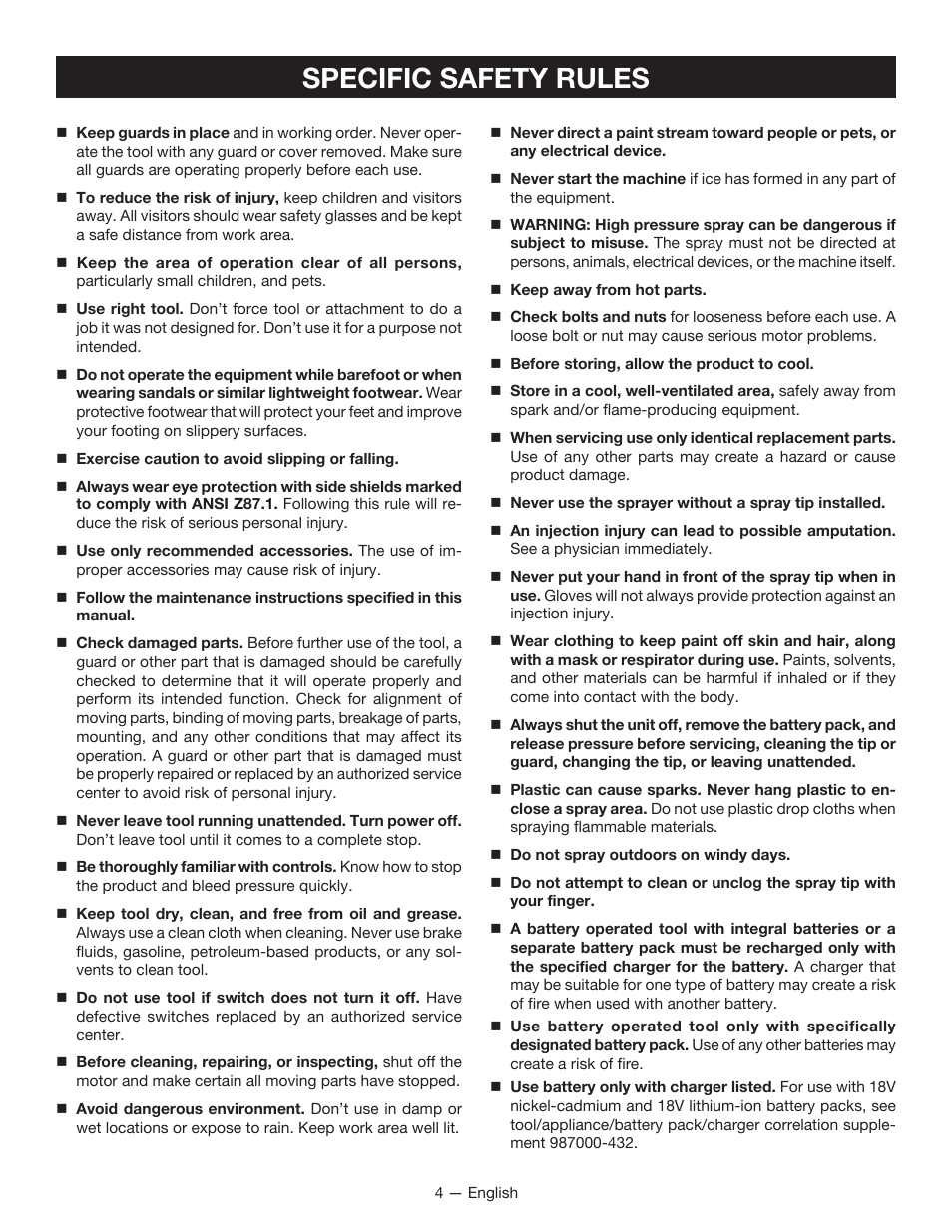 Specific safety rules | Ryobi P650 User Manual | Page 4 / 36