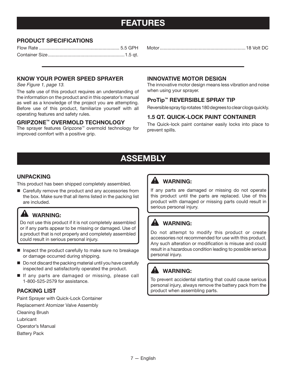 Features assembly | Ryobi P650 User Manual | Page 7 / 36