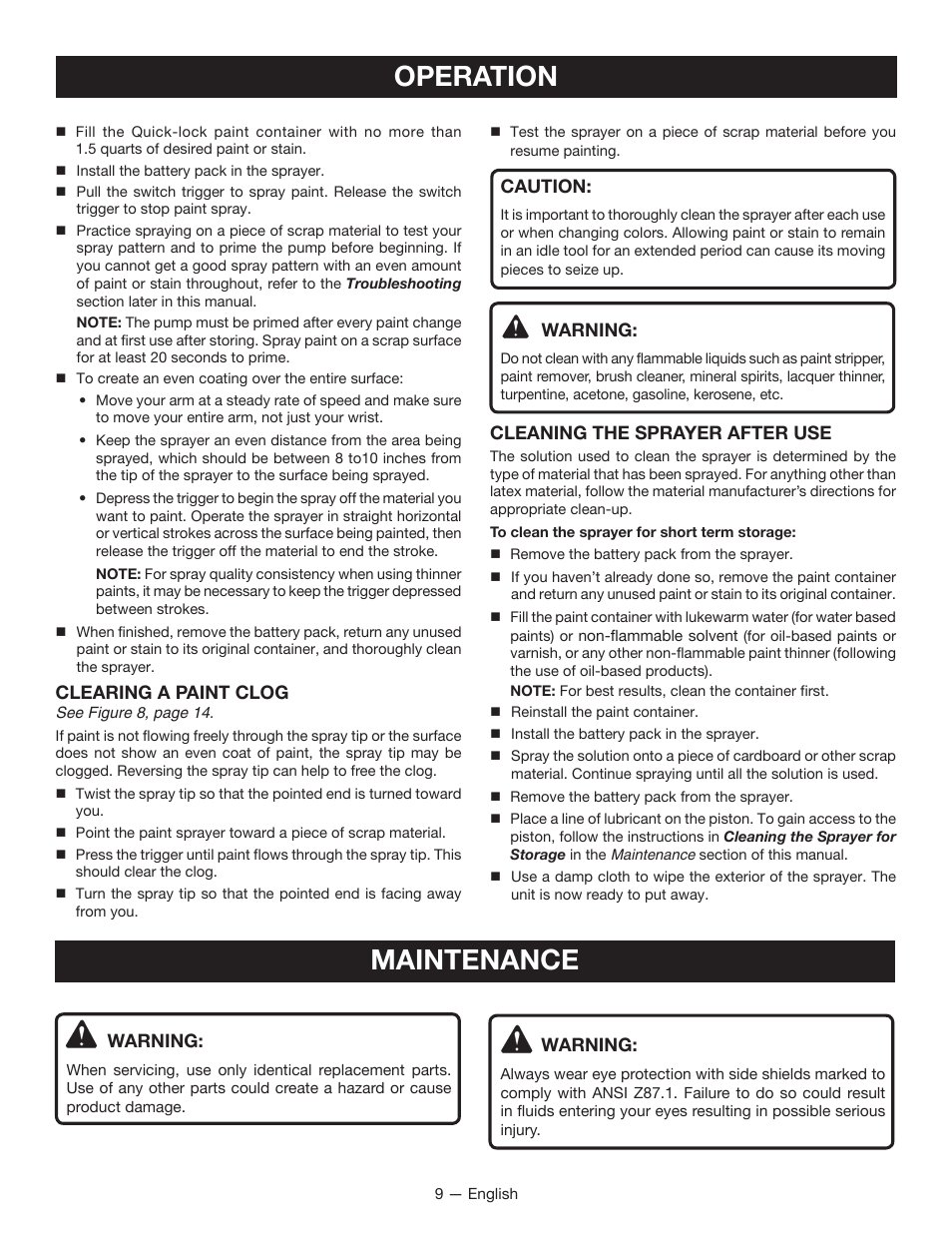 Operation, Maintenance | Ryobi P650 User Manual | Page 9 / 36