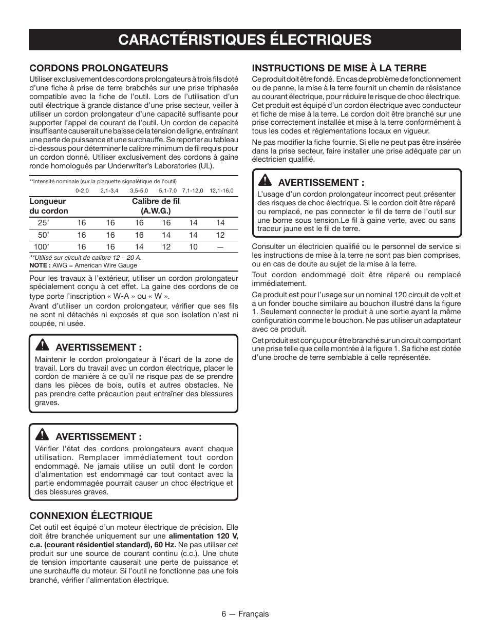 Caractéristiques électriques, Cordons prolongateurs, Avertissement | Connexion électrique, Instructions de mise à la terre | Ryobi RAP200G User Manual | Page 20 / 48