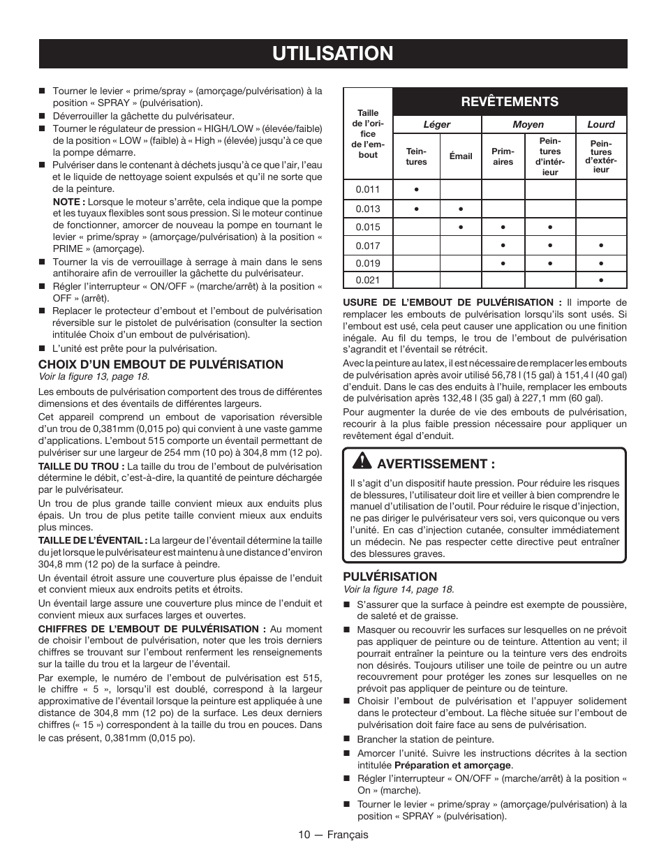 Utilisation, Revêtements, Avertissement | Ryobi RAP200G User Manual | Page 24 / 48