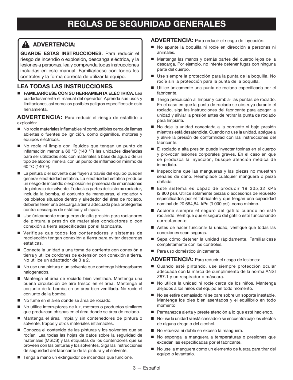 Reglas de seguridad generales, Advertencia, Lea todas las instrucciones | Ryobi RAP200G User Manual | Page 31 / 48