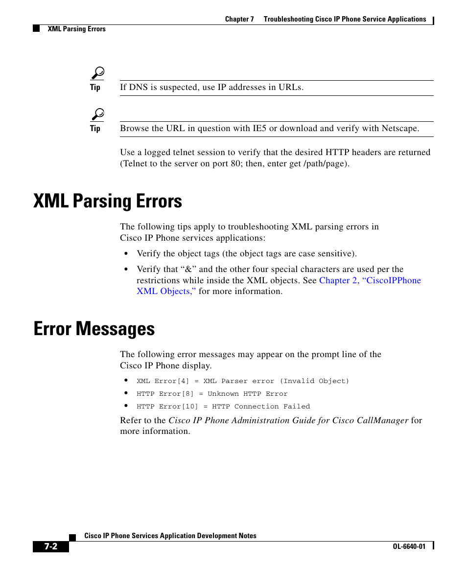 Xml parsing errors, Error messages | Cisco OL-6640-01 User Manual | Page 2 / 2