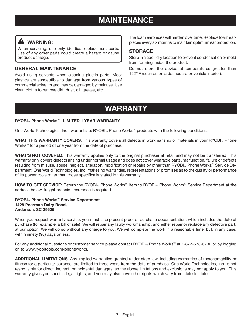 Maintenance, Warranty, Warning | General maintenance, Storage | Ryobi ES8000 User Manual | Page 7 / 7