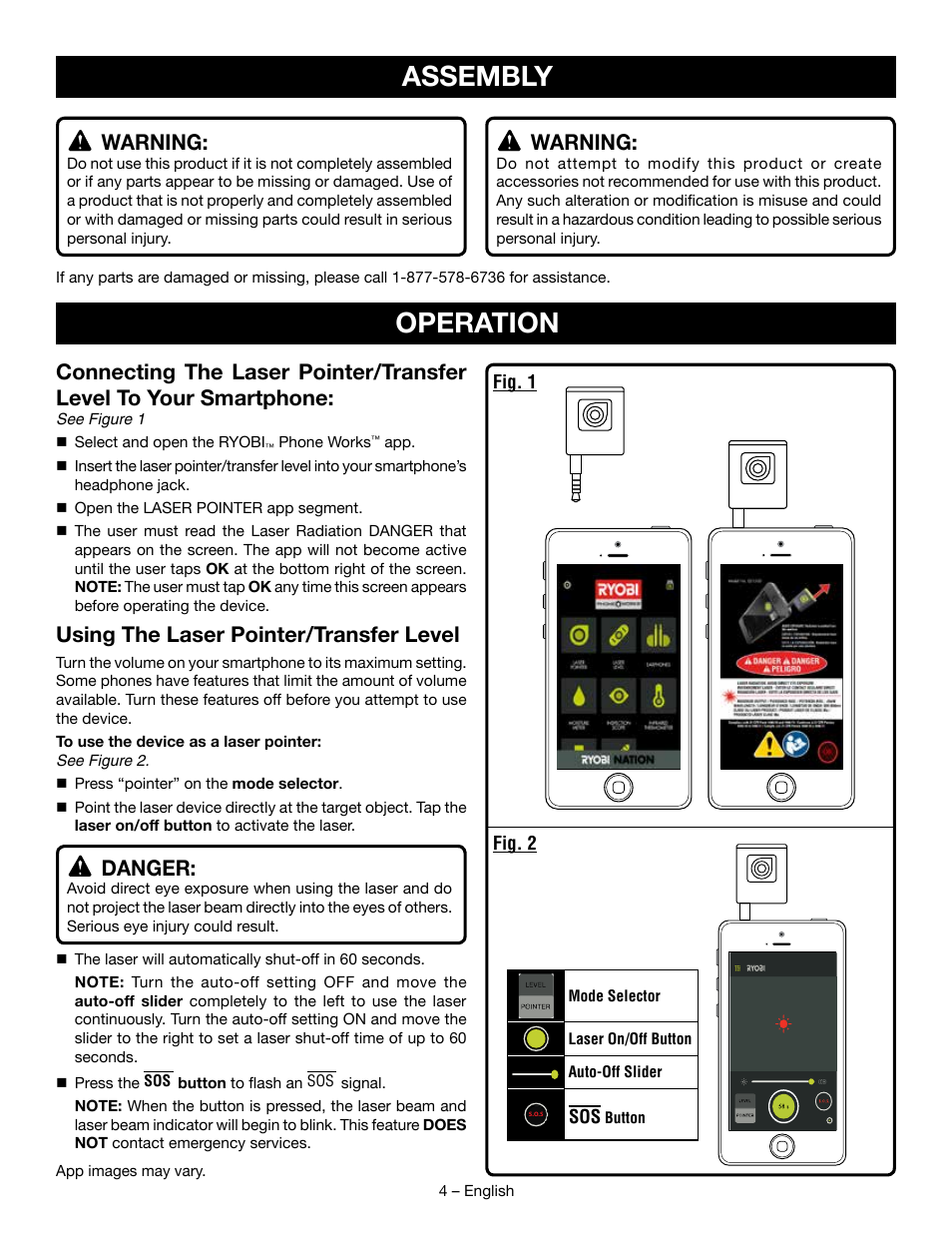 Operation assembly, Using the laser pointer/transfer level, Danger | Warning | Ryobi ES1500 User Manual | Page 4 / 7