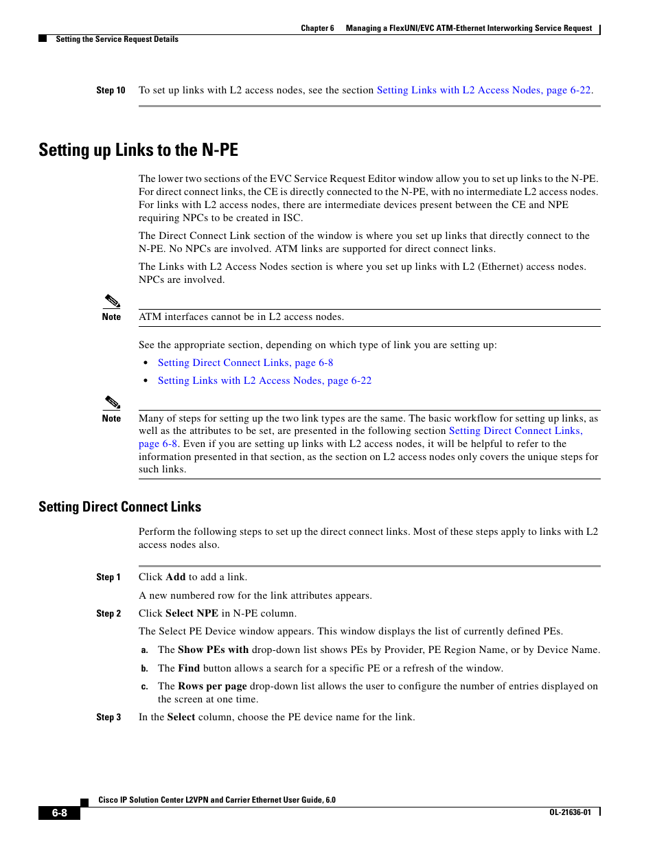Setting up links to the n-pe, Setting direct connect links | Cisco OL-21636-01 User Manual | Page 110 / 398