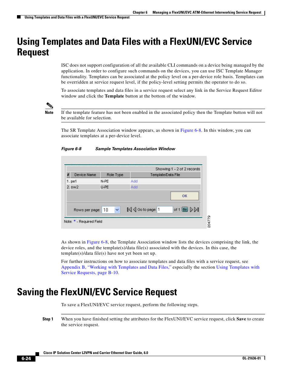 Saving the flexuni/evc service request, Using templates and data files with, Saving the flexuni/evc | Cisco OL-21636-01 User Manual | Page 126 / 398