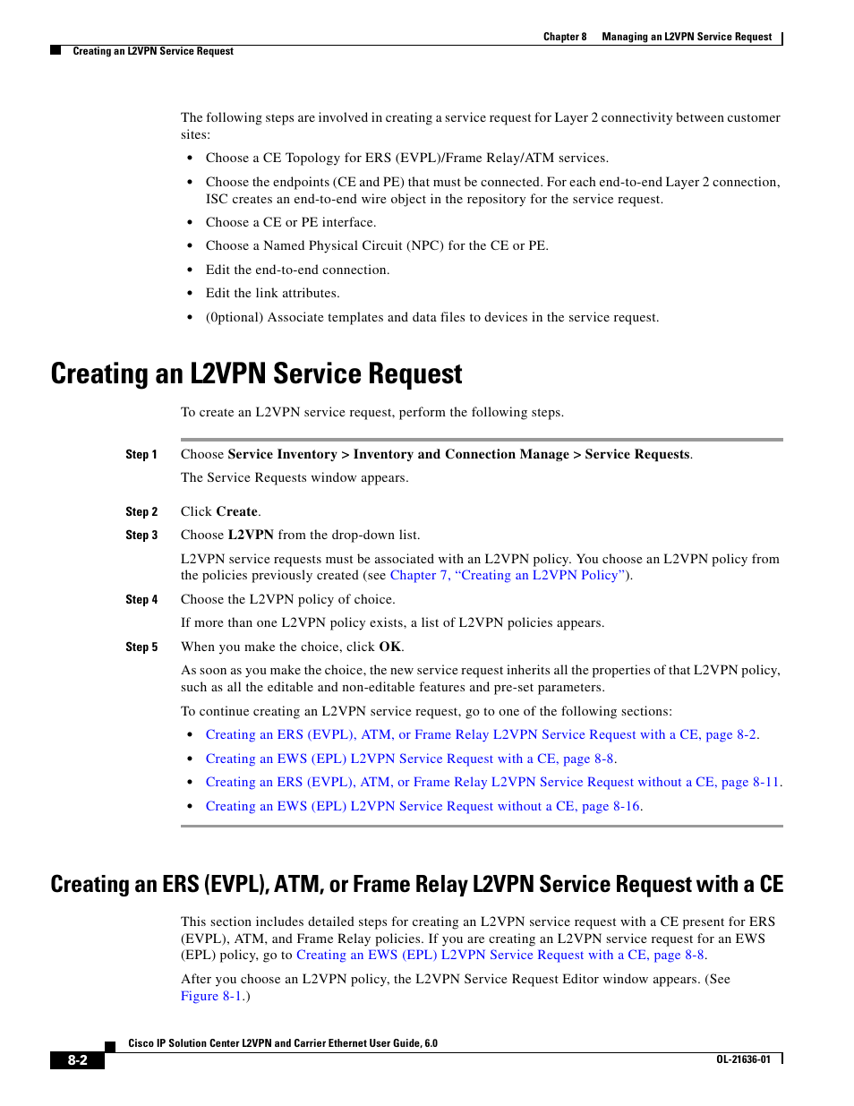 Creating an l2vpn service request | Cisco OL-21636-01 User Manual | Page 168 / 398