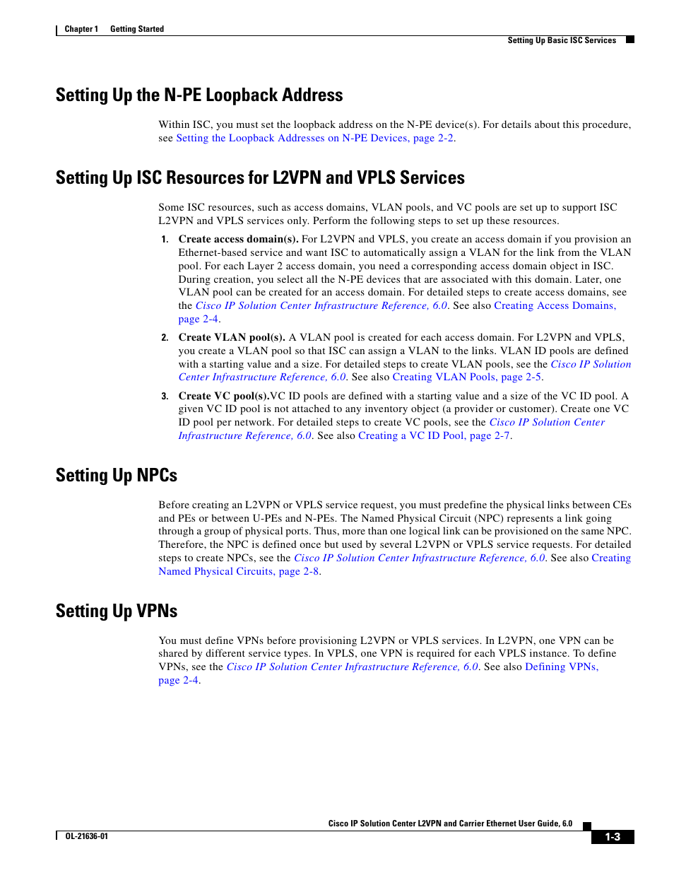 Setting up the n-pe loopback address, Setting up npcs, Setting up vpns | Cisco OL-21636-01 User Manual | Page 17 / 398