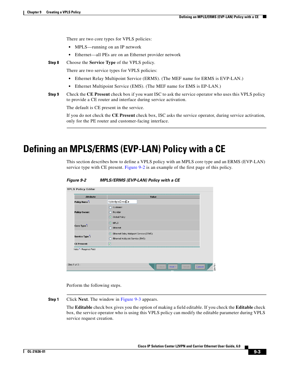 Defining an mpls/erms (evp-lan) policy with a ce | Cisco OL-21636-01 User Manual | Page 195 / 398