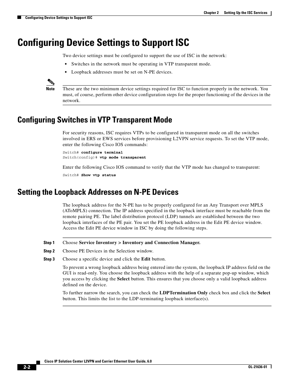 Configuring device settings to support isc, Configuring switches in vtp transparent mode, Setting the loopback addresses on n-pe devices | Cisco OL-21636-01 User Manual | Page 22 / 398