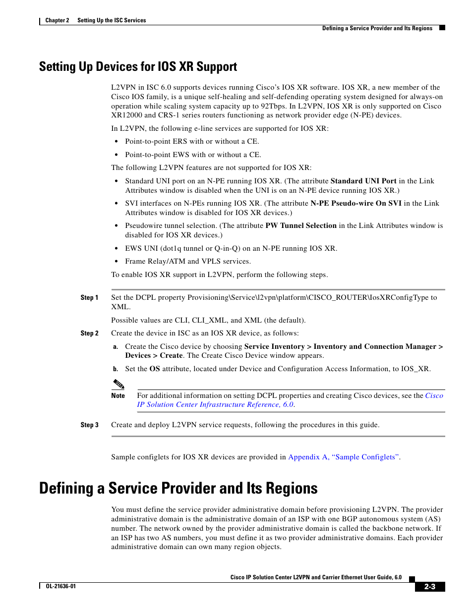 Setting up devices for ios xr support, Defining a service provider and its regions | Cisco OL-21636-01 User Manual | Page 23 / 398
