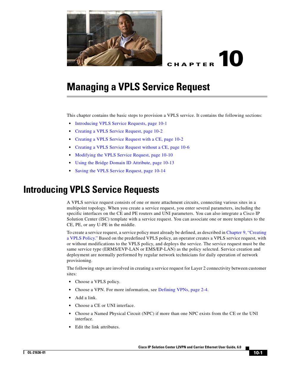 Managing a vpls service request, Introducing vpls service requests, C h a p t e r | Chapter 10, “managing a vpls service request | Cisco OL-21636-01 User Manual | Page 237 / 398