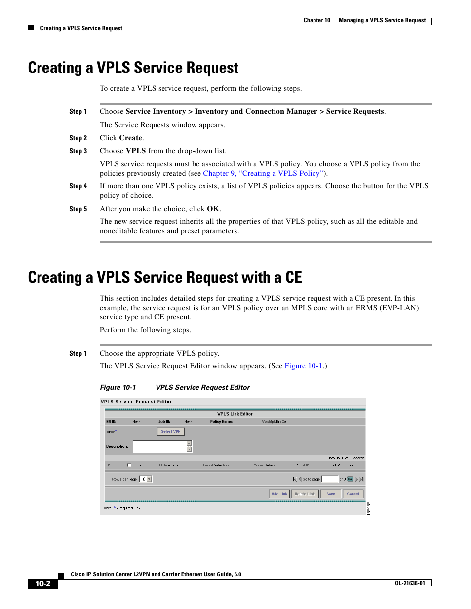 Creating a vpls service request, Creating a vpls service request with a ce | Cisco OL-21636-01 User Manual | Page 238 / 398