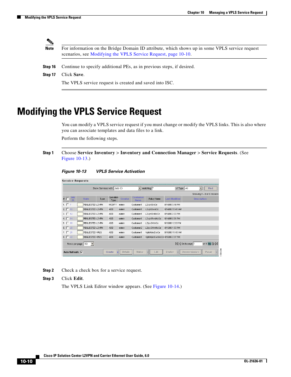 Modifying the vpls service request | Cisco OL-21636-01 User Manual | Page 246 / 398