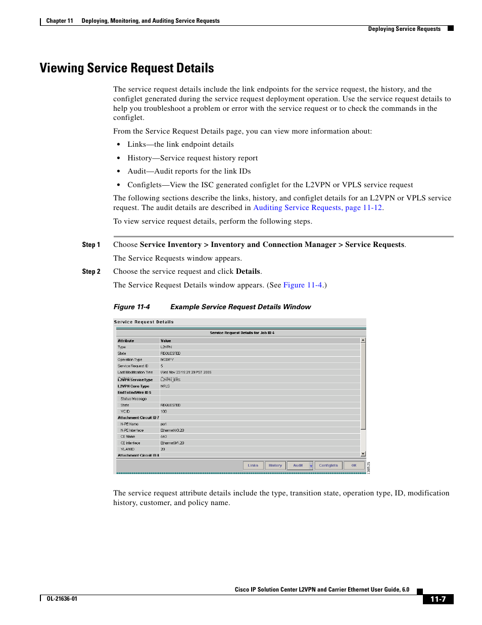 Viewing service request details, Viewing service | Cisco OL-21636-01 User Manual | Page 257 / 398