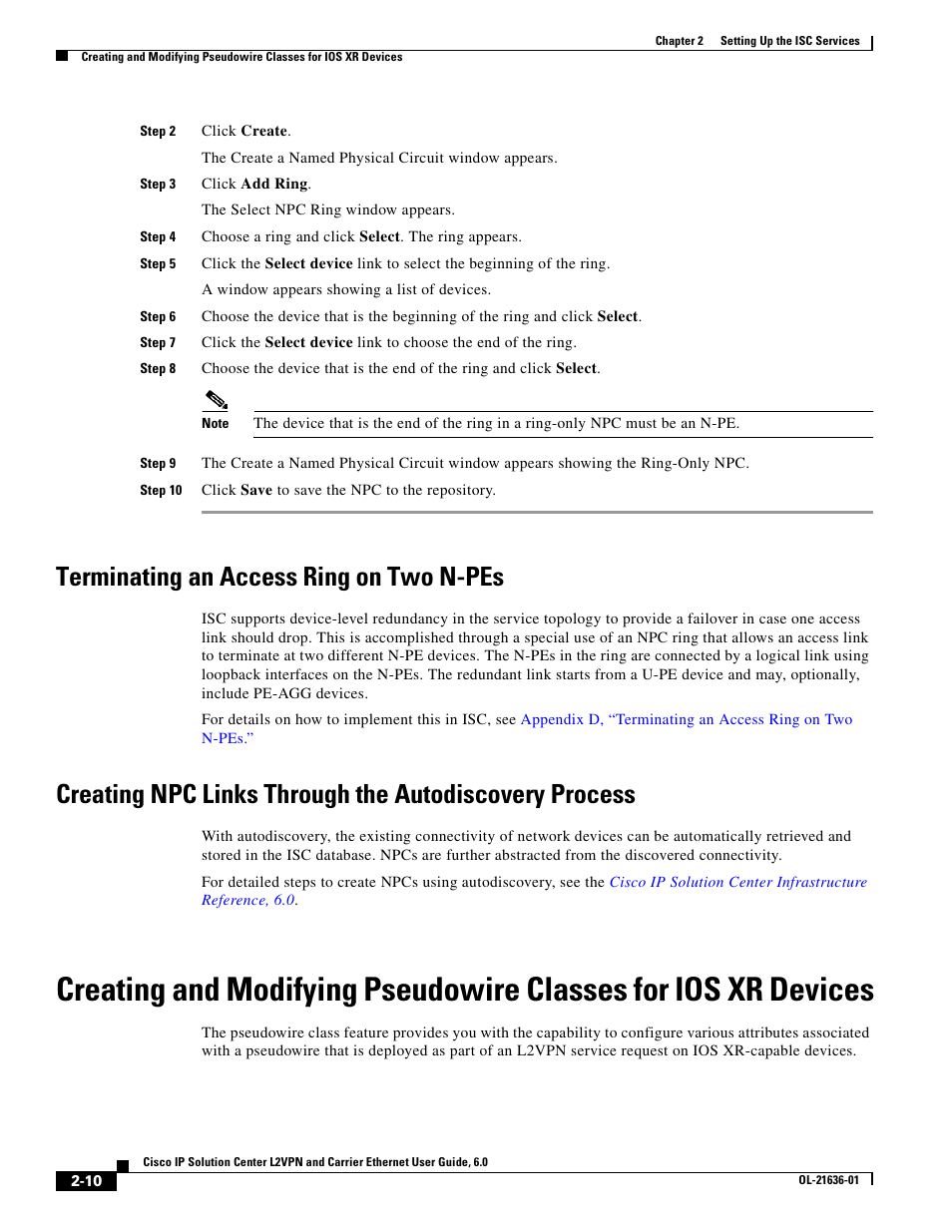 Terminating an access ring on two n-pes, Creating npc links through | Cisco OL-21636-01 User Manual | Page 30 / 398