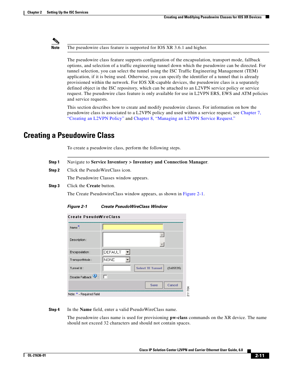 Creating a pseudowire class | Cisco OL-21636-01 User Manual | Page 31 / 398