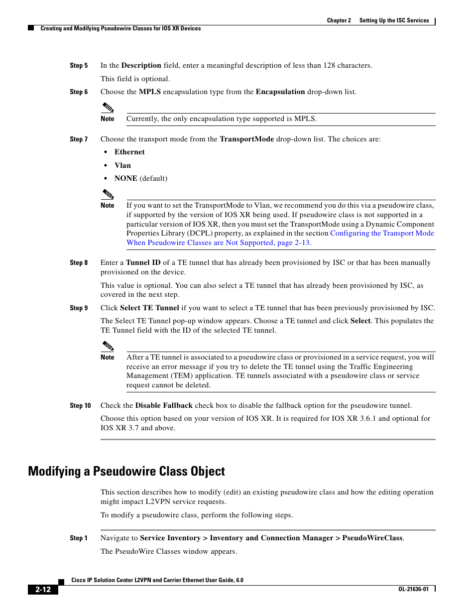 Modifying a pseudowire class object | Cisco OL-21636-01 User Manual | Page 32 / 398