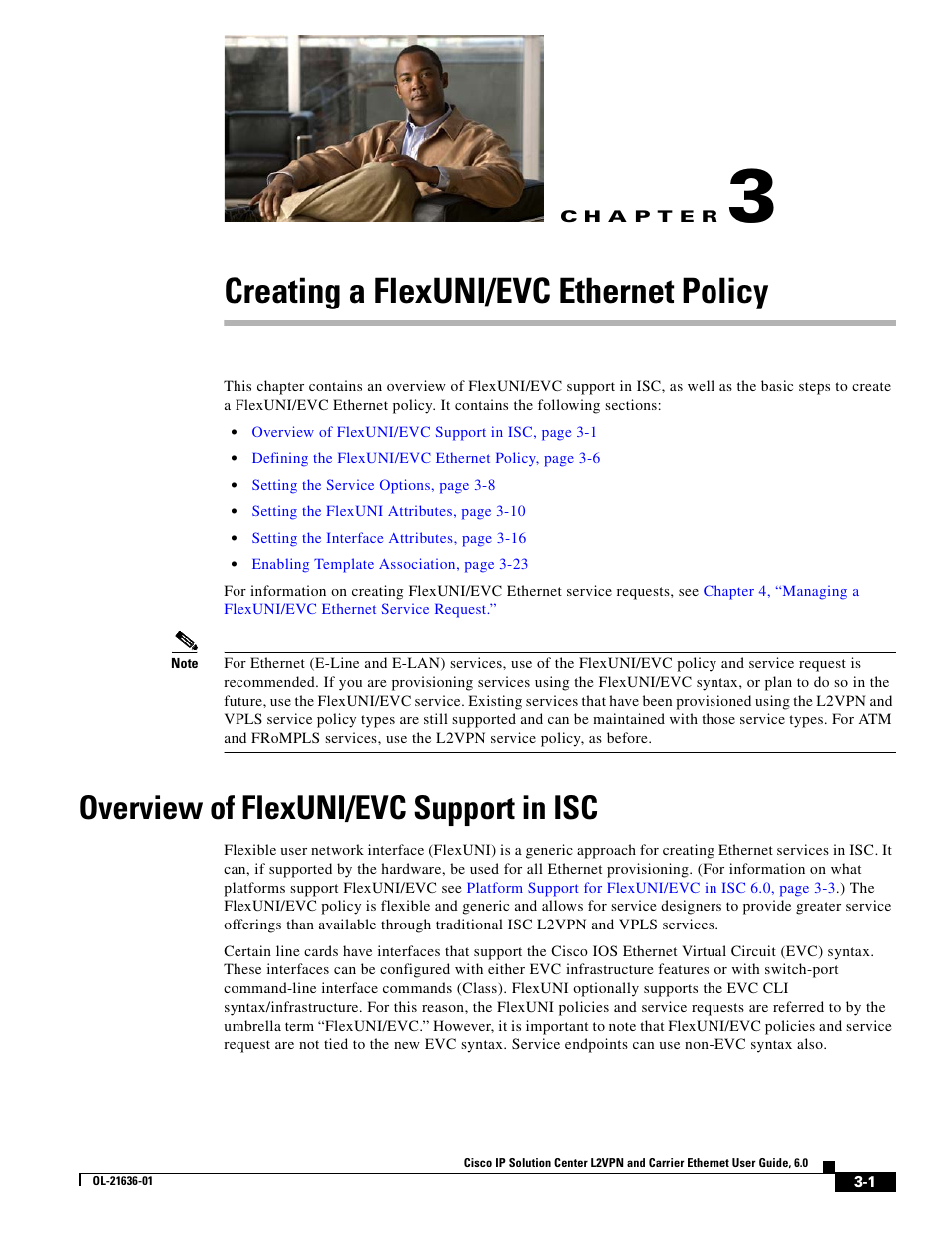 Creating a flexuni/evc ethernet policy, Overview of flexuni/evc support in isc, C h a p t e r | Chapter 3, “creating a flexuni/evc ethernet policy | Cisco OL-21636-01 User Manual | Page 35 / 398