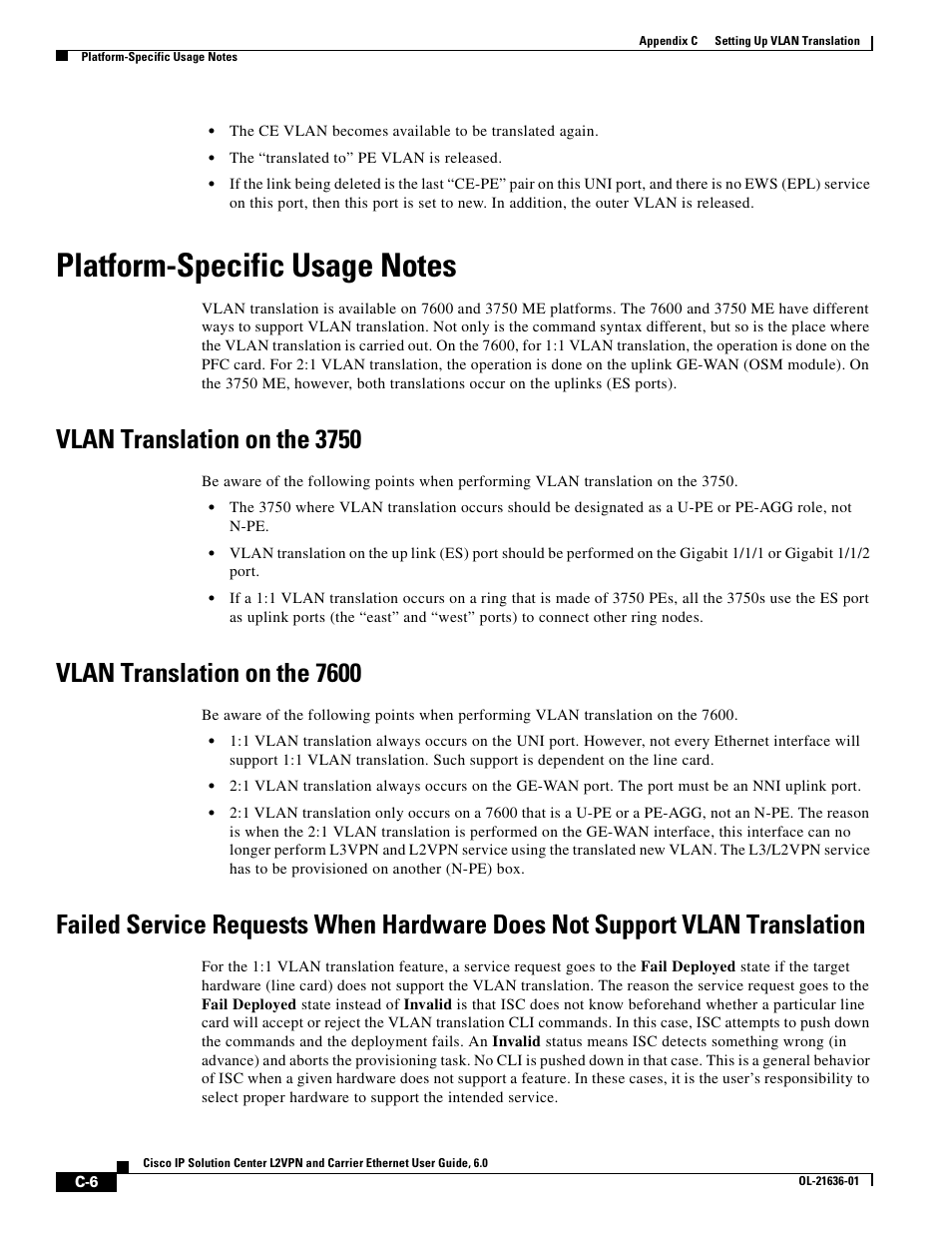 Platform-specific usage notes, Vlan translation on the 3750, Vlan translation on the 7600 | Cisco OL-21636-01 User Manual | Page 362 / 398