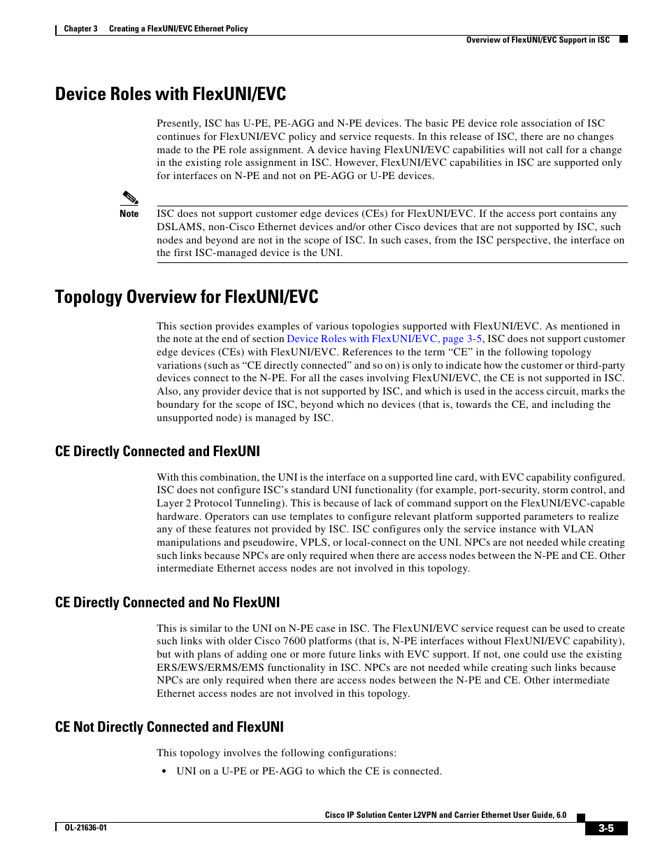 Device roles with flexuni/evc, Topology overview for flexuni/evc, Ce directly connected and flexuni | Ce directly connected and no flexuni, Ce not directly connected and flexuni | Cisco OL-21636-01 User Manual | Page 39 / 398