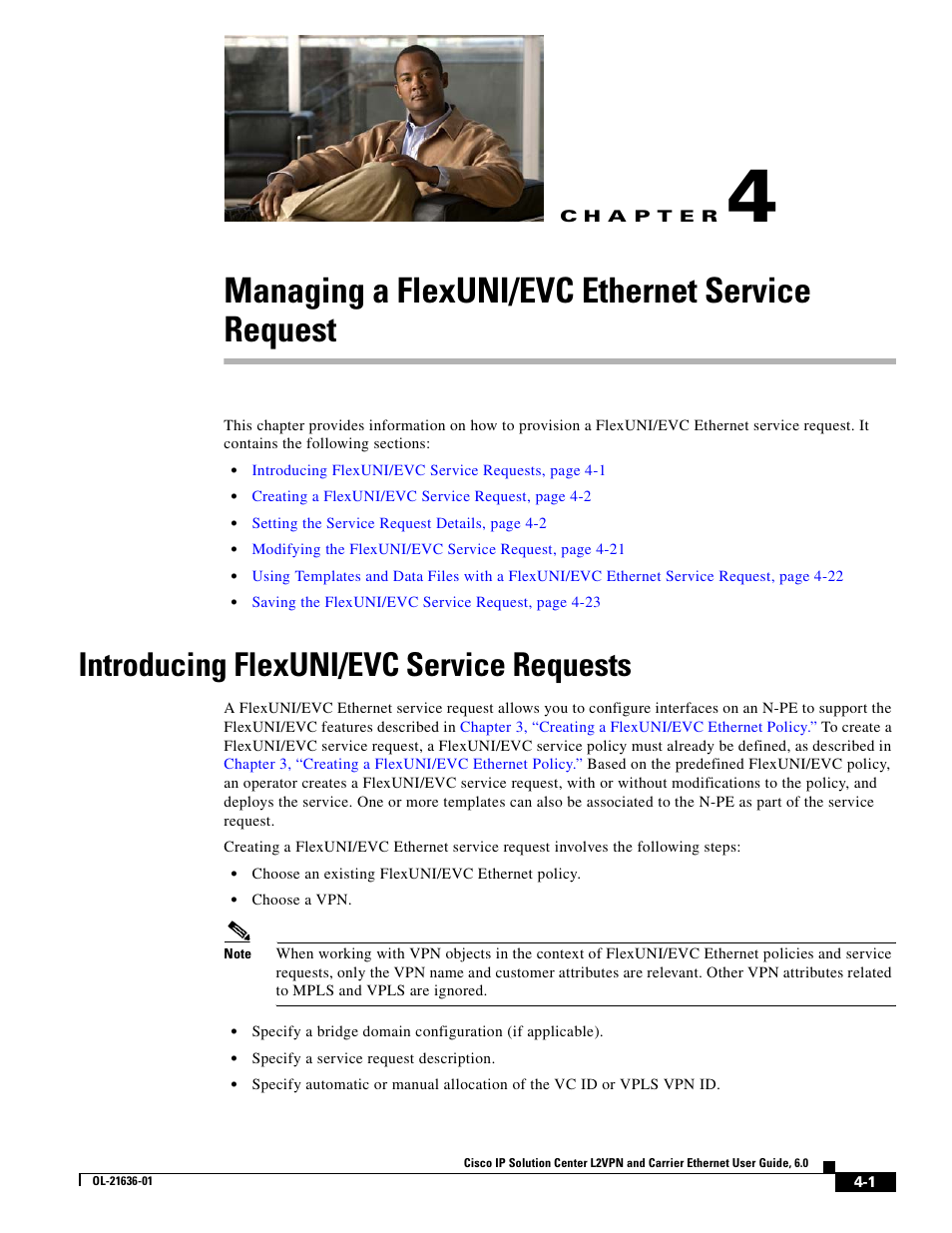 Managing a flexuni/evc ethernet service request, Introducing flexuni/evc service requests, C h a p t e r | Chapter 4, “managing a, Flexuni/evc ethernet service request, Chapter 4, “managing a flexuni/evc, Ethernet service request | Cisco OL-21636-01 User Manual | Page 59 / 398