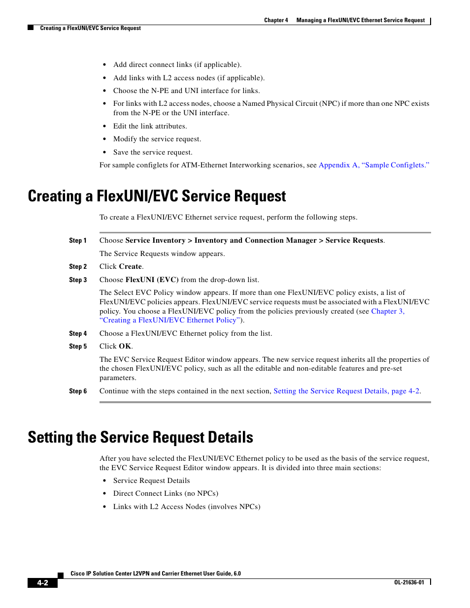 Creating a flexuni/evc service request, Setting the service request details | Cisco OL-21636-01 User Manual | Page 60 / 398