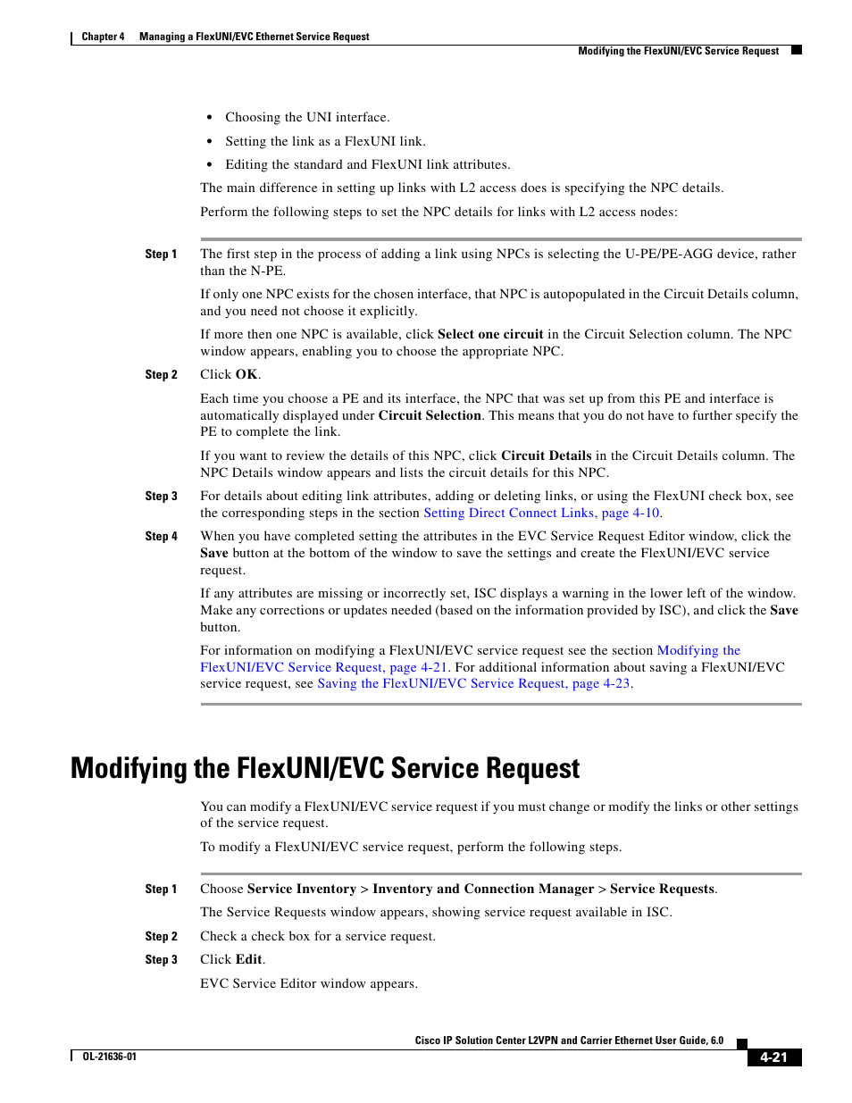 Modifying the flexuni/evc service request, Modifying the | Cisco OL-21636-01 User Manual | Page 79 / 398