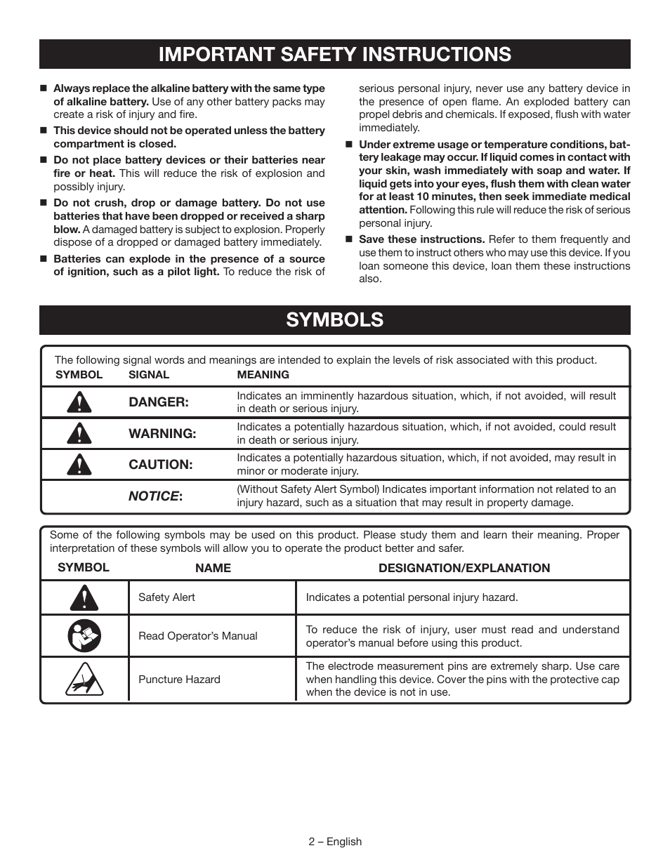 Symbols, Important safety instructions | Ryobi ES3000 User Manual | Page 2 / 9