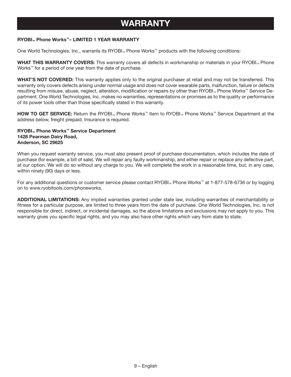 Warranty | Ryobi ES3000 User Manual | Page 9 / 9