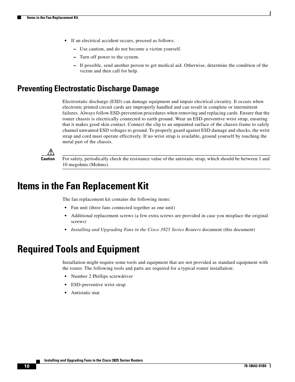 Preventing electrostatic discharge damage, Items in the fan replacement kit, Required tools and equipment | Cisco 3825 Series User Manual | Page 10 / 20