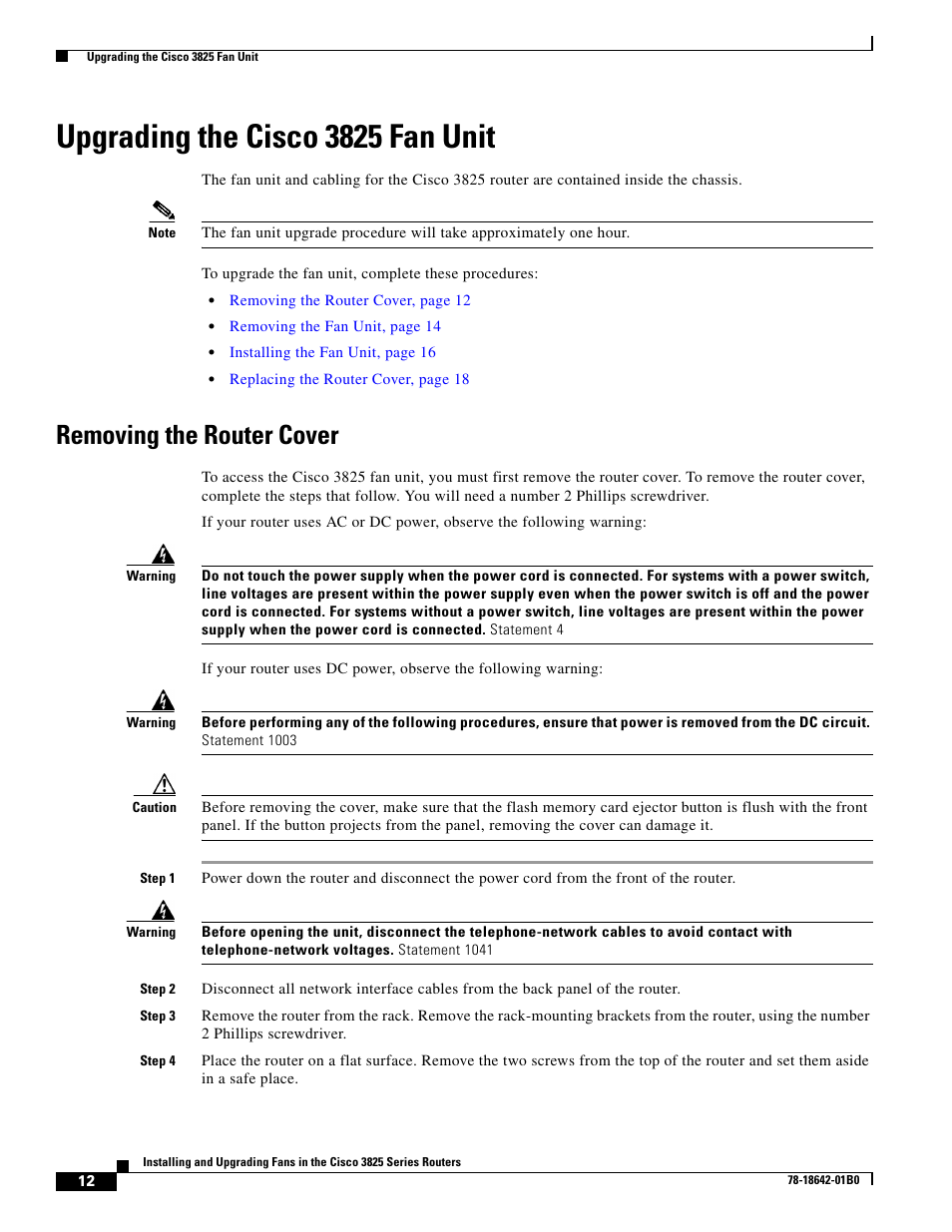 Upgrading the cisco 3825 fan unit, Removing the router cover | Cisco 3825 Series User Manual | Page 12 / 20