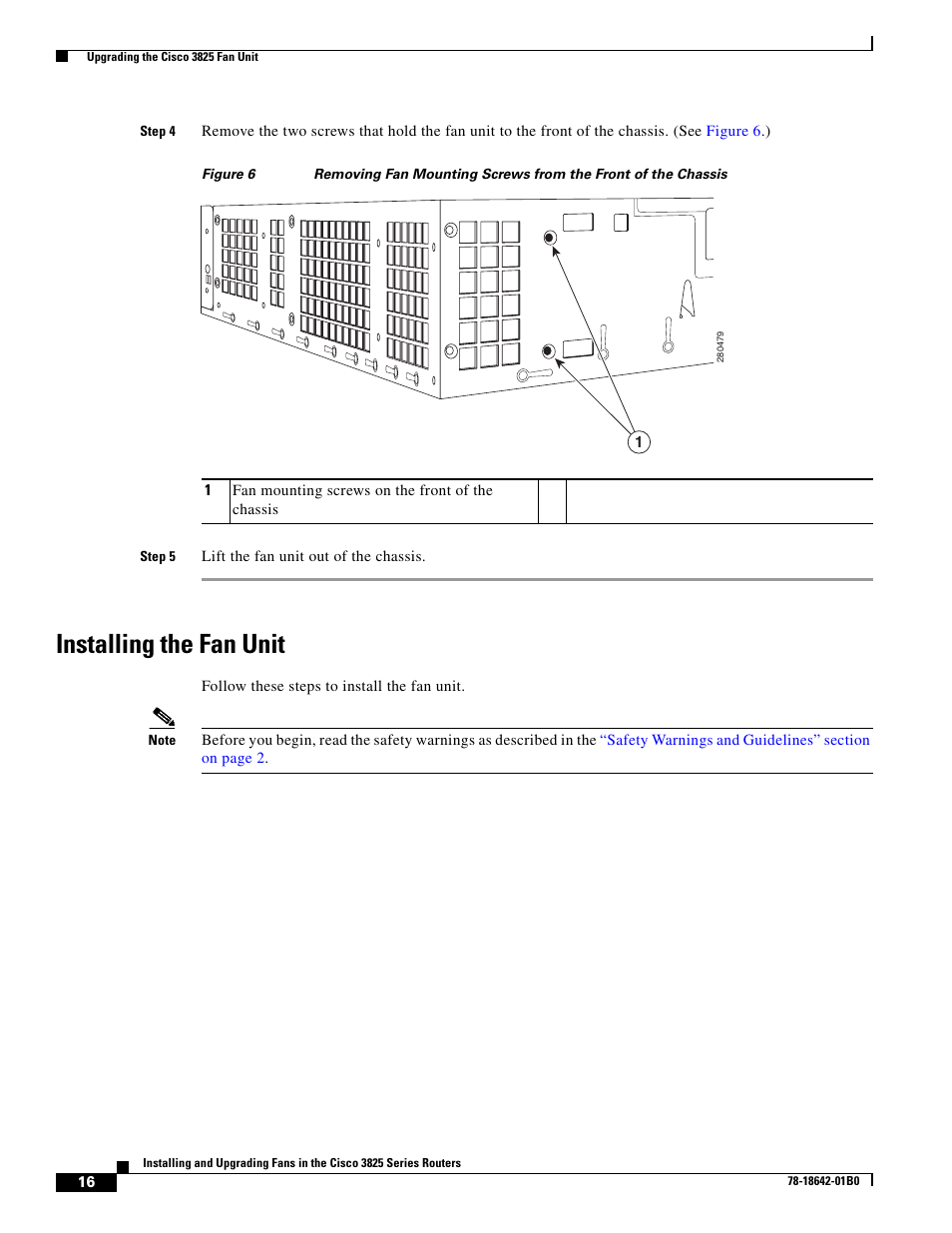 Installing the fan unit | Cisco 3825 Series User Manual | Page 16 / 20